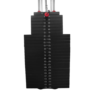 A BodyKore stack of black rubber weight plates with white printed weight numbers, topped with silver metal collars and a red adjustment knob, shown on a plain white background.