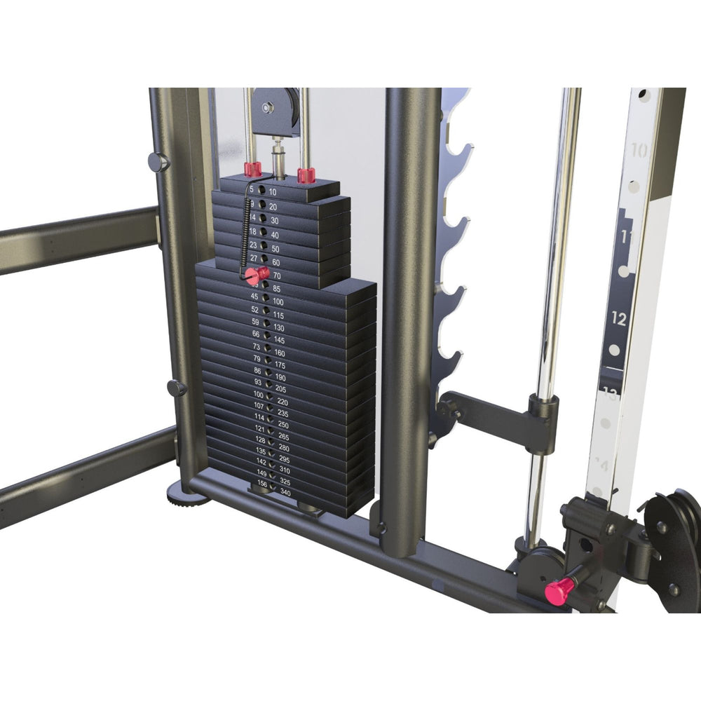 A Bodykore stack of black weight plates with red adjustment knobs and white printed weight markings, mounted on a dark metal cable machine frame against a white background.