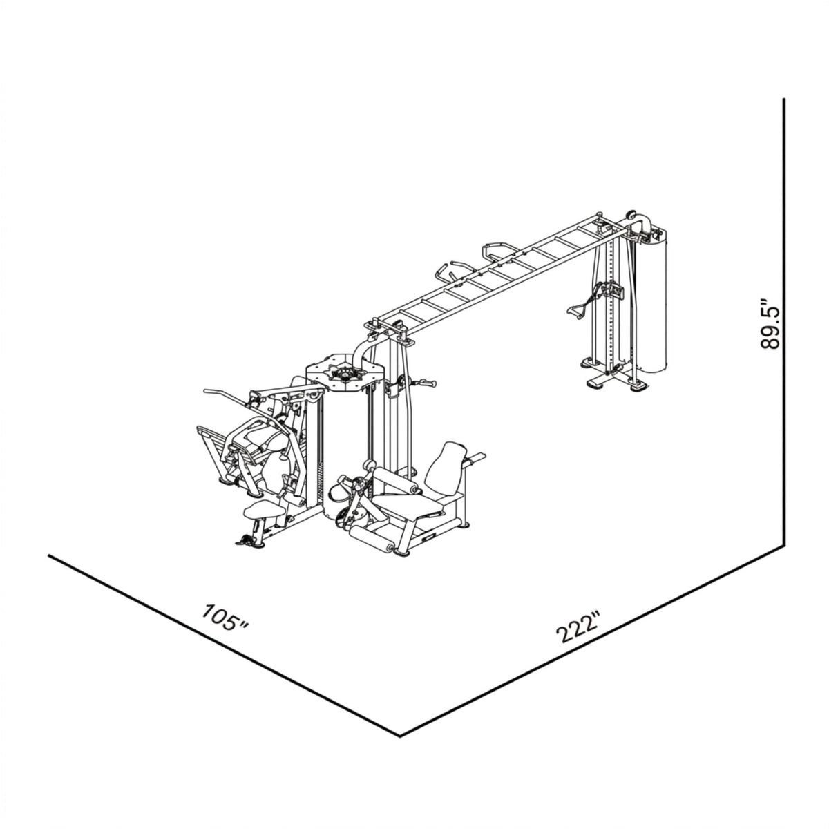 Black and white line drawing of a large home gym equipment set with dimension labels showing 105 inches, 222 inches, and 89.5 inches.