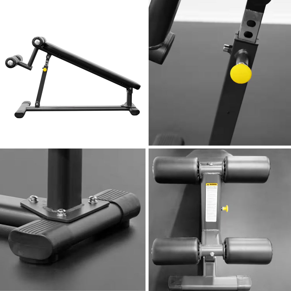 A four-panel collage showing close-up views of a BodyKore Adjustable Decline Bench g205 including the base, upright, and roller assembly. The product is shown on a dark studio-like surface with one panel on a white background.