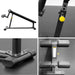 A four-panel collage showing close-up views of a BodyKore Adjustable Decline Bench g205 including the base, upright, and roller assembly. The product is shown on a dark studio-like surface with one panel on a white background.