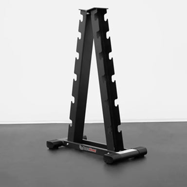 BodyKore  Dumbbell Rack G233  with a black matte finish, designed to hold multiple pairs of dumbbells, standing on a black gym floor against a white wall.