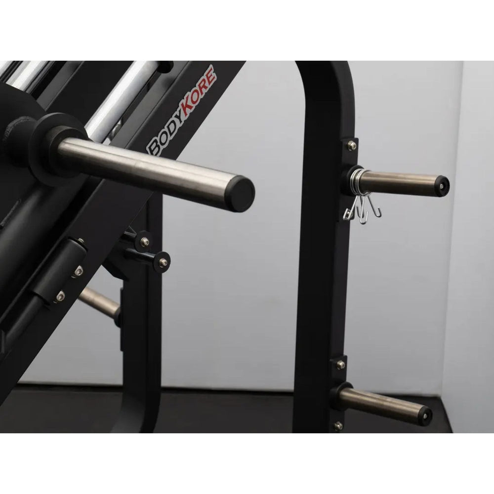 BodyKore Isolateral Leg Press FL1801 close view weight storage pegs and 4 plate loading pegs