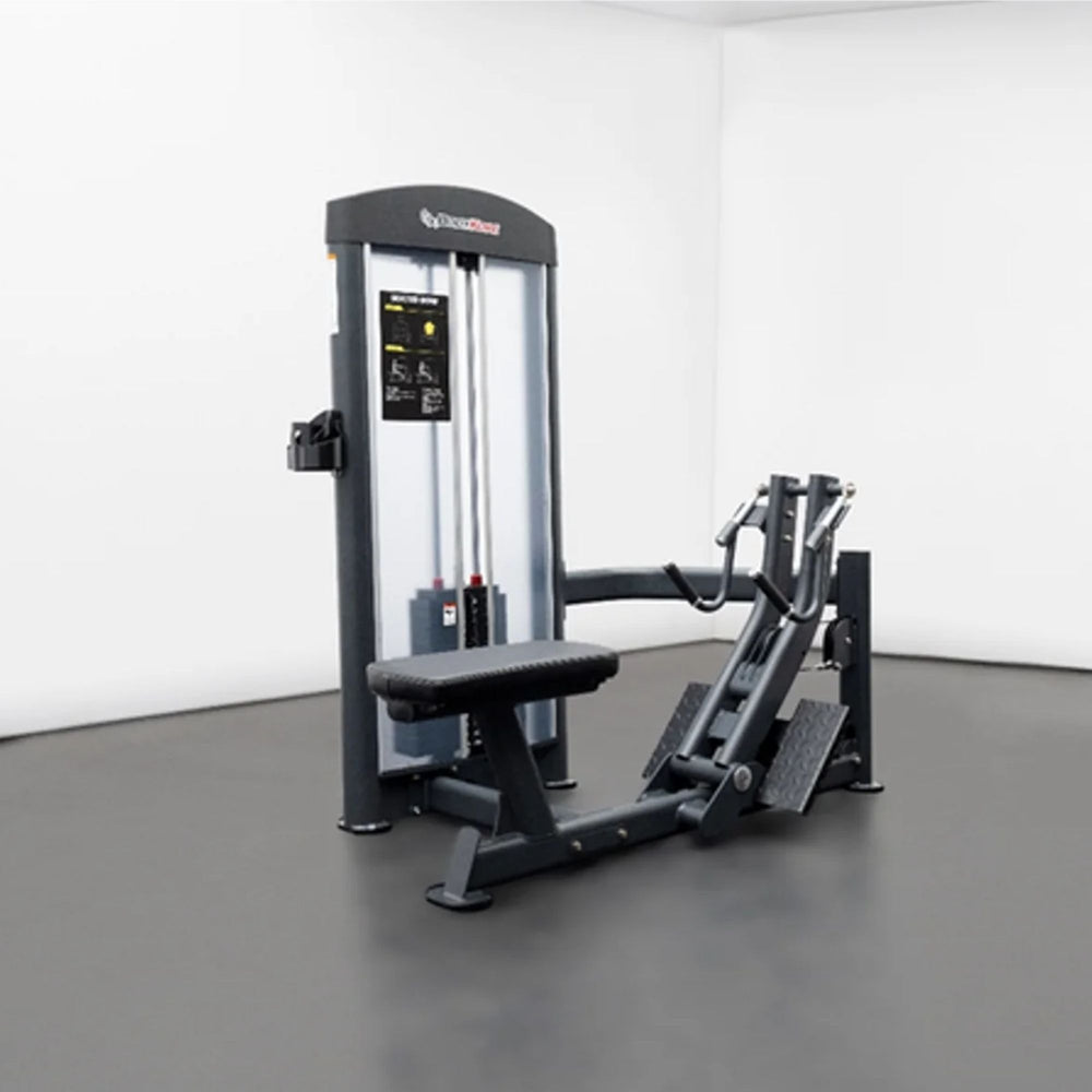 BodyKore Isolation Series Selectorized Seated Row GR603 Angled studio shot of the BodyKore Seated Row Machine, showing side handle positioning and footplate support