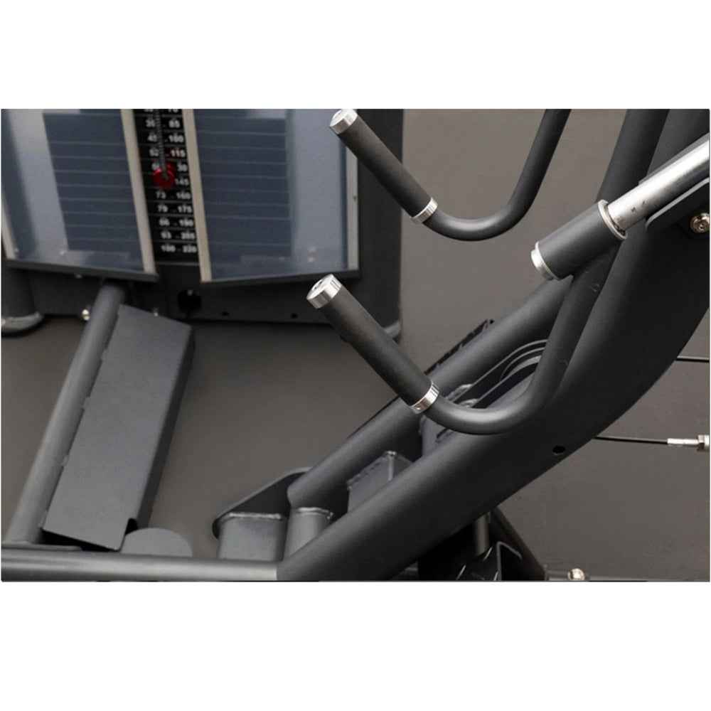 BodyKore Isolation Series Selectorized Seated Row GR603 Close-up of the machine's grip handles and cable system, showing textured rubber grip and handle angles.