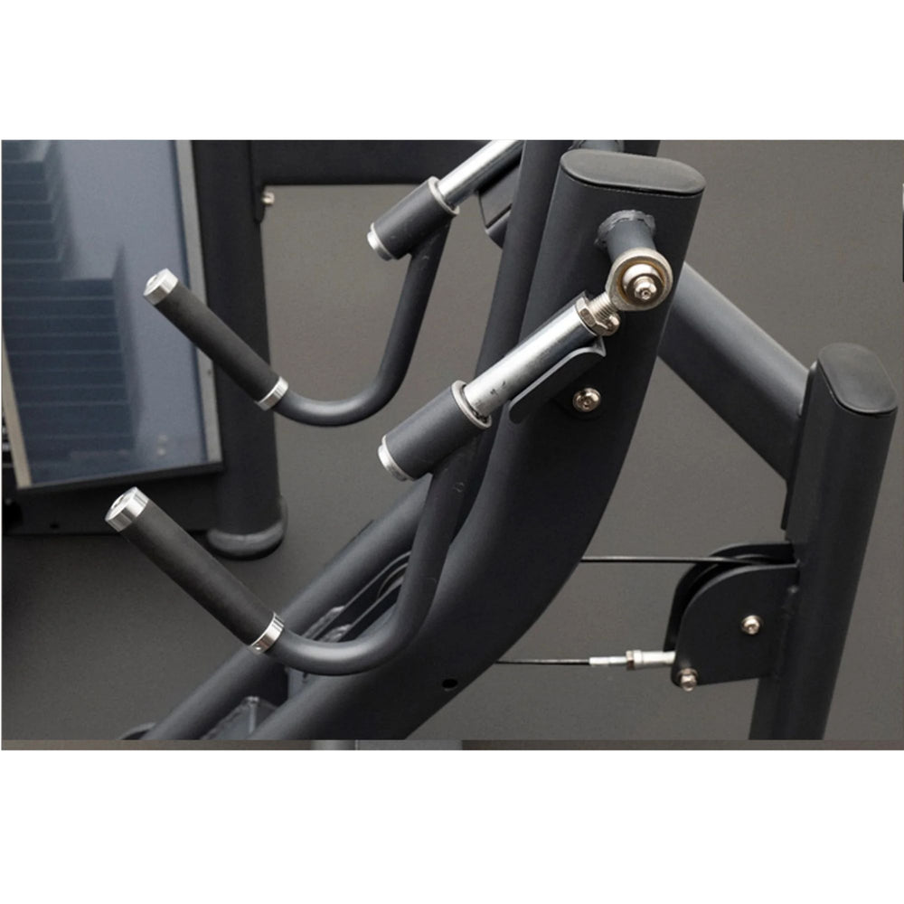BodyKore Isolation Series Selectorized Seated Row GR603 Detailed view of the dual-grip handles with chrome ends and secure adjustment hardware 