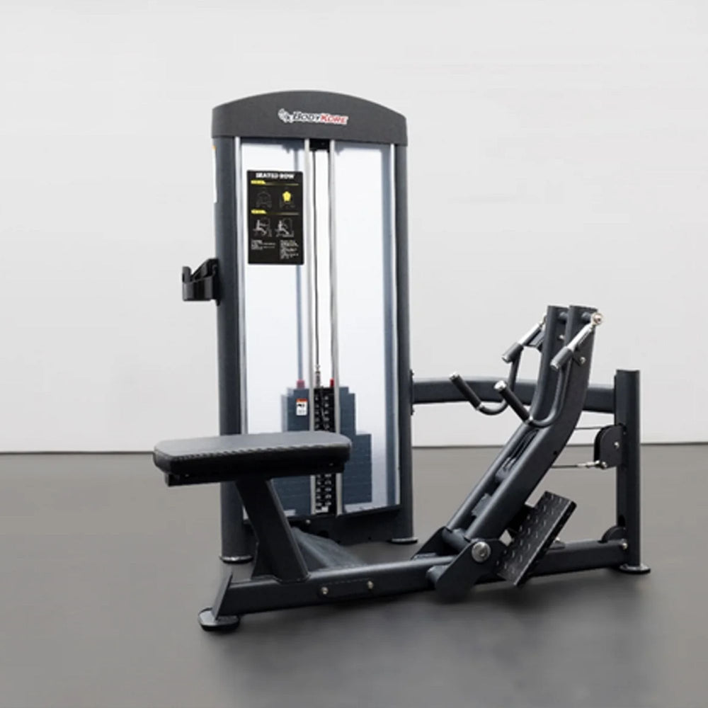 BodyKore Isolation Series Selectorized Seated Row GR603 Front-facing close-up of the seated row machine, emphasizing handle and pulley alignment with weight selection stack.
