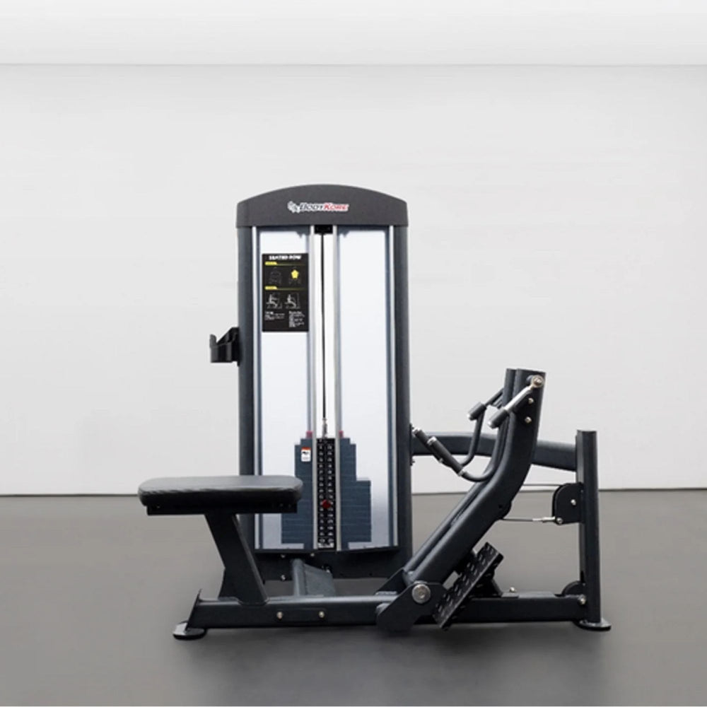 BodyKore Isolation Series Selectorized Seated Row GR603 Straight-on view of  featuring an integrated weight stack, padded seat, and dual grip handles.