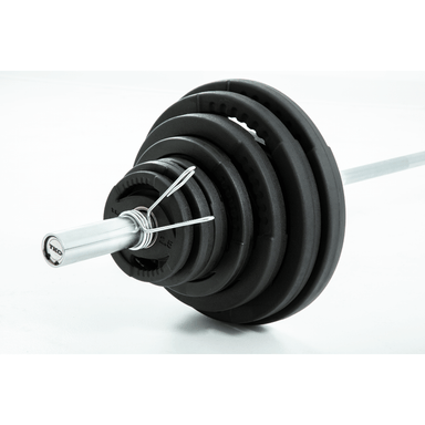 Close up of the TKO 300lb Olympic Rubber Plate Set w/ Bar & Collars 803OR-300