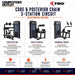 TKO Core & Posterior Chain 3-Station Circuit SelectORIZED Package, showing torso rotation, back extension and ab crunch machines with labeled illustrations and descriptions of exercises: Torso Rotation, Back Extension, and Abdominal Crunch.