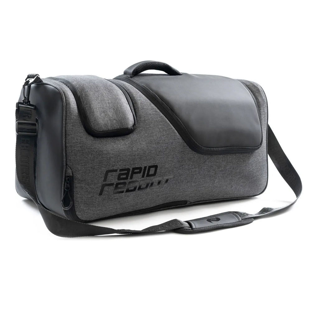 Gray duffel bag with shoulder strap on a white background