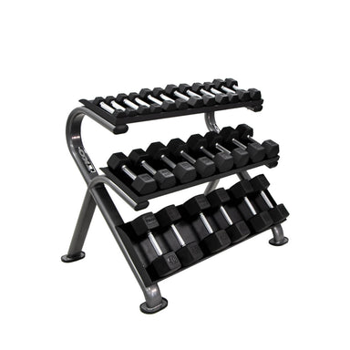 Dumbbells loaded onto a TKO 3-Tier Horizontal Dumbbell Rack