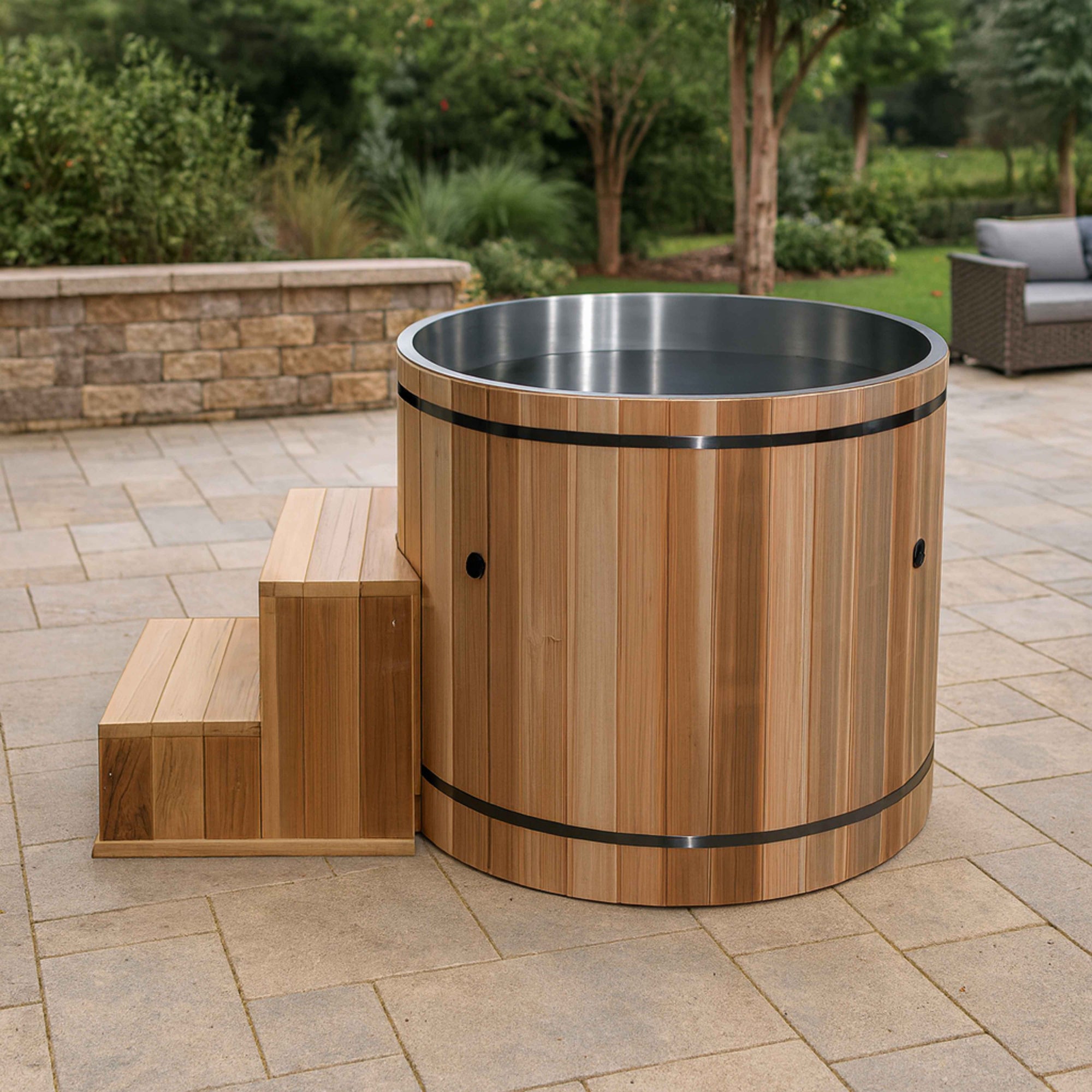 Wooden Dynamic cold plunge with stainless steel interior on a patio