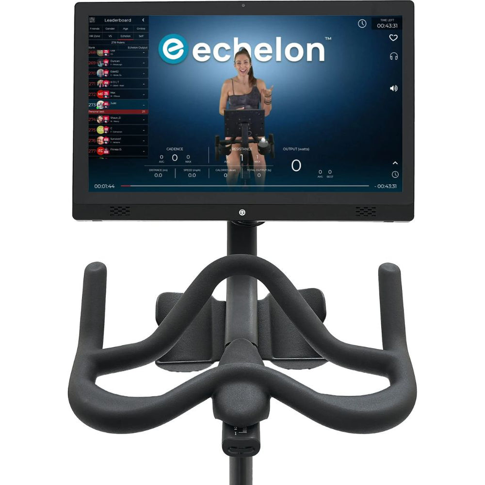Echelon-EX-Pro-Bike-Exercise bike with a screen displaying the Echelon app on a white background