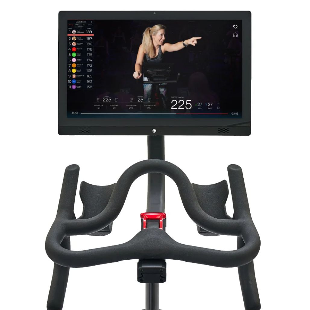 Echelon-EX-Pro-Bike-Exercise bike with a screen displaying a workout interface on a white background
