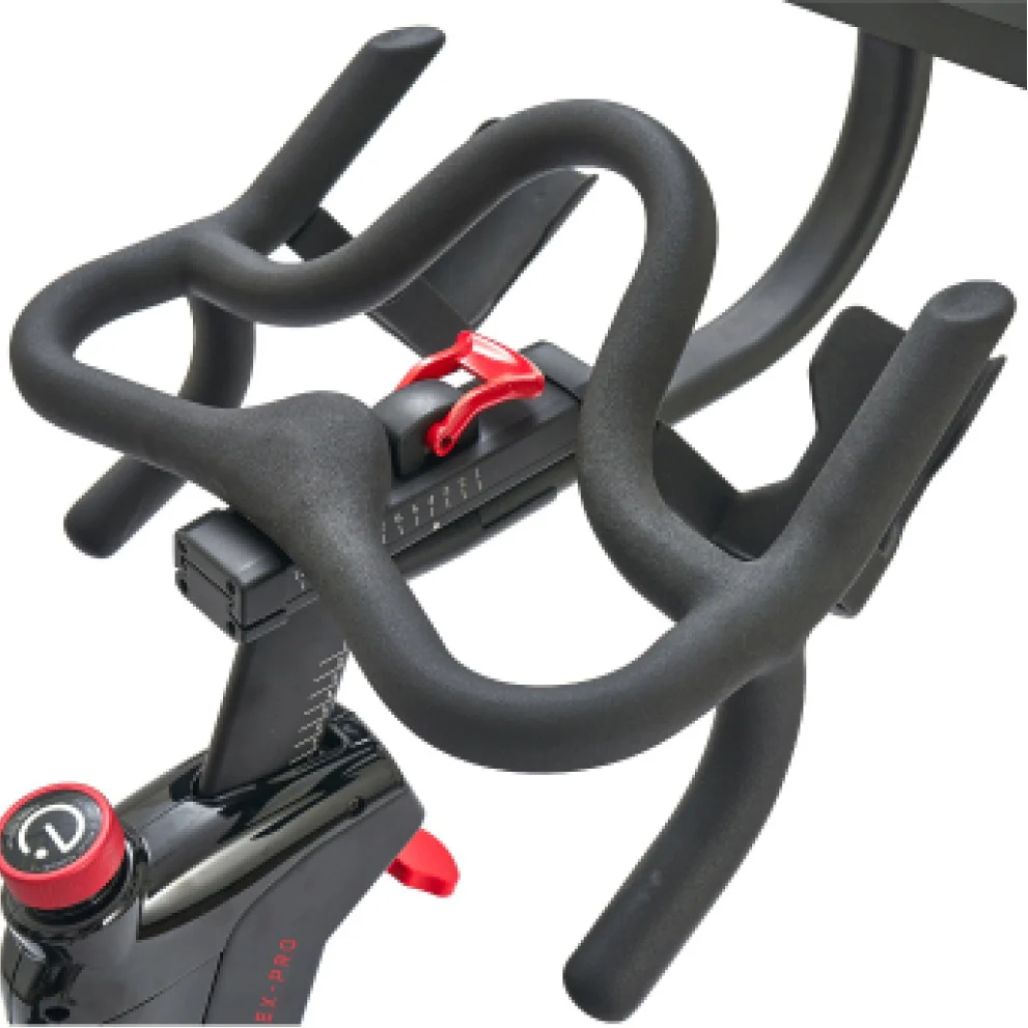 Echelon-EX-Pro-Bike-Close-up of a stationary bike handlebar with red buttons on a white background