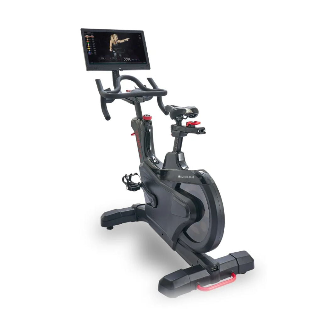 Echelon-EX-Pro-Bike Black exercise bike with a screen on a white background
