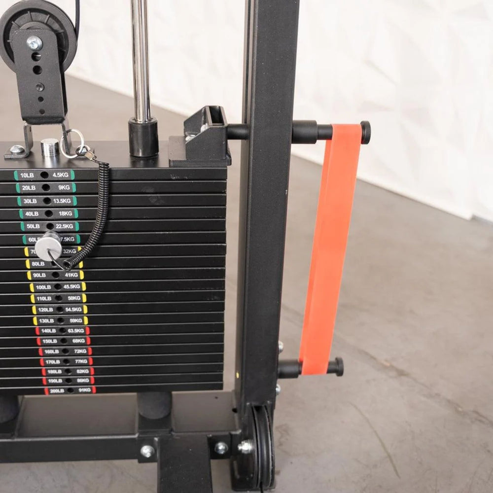 Weight stack and pulley system on a Excel Selectorized Hip Thrust Glute 