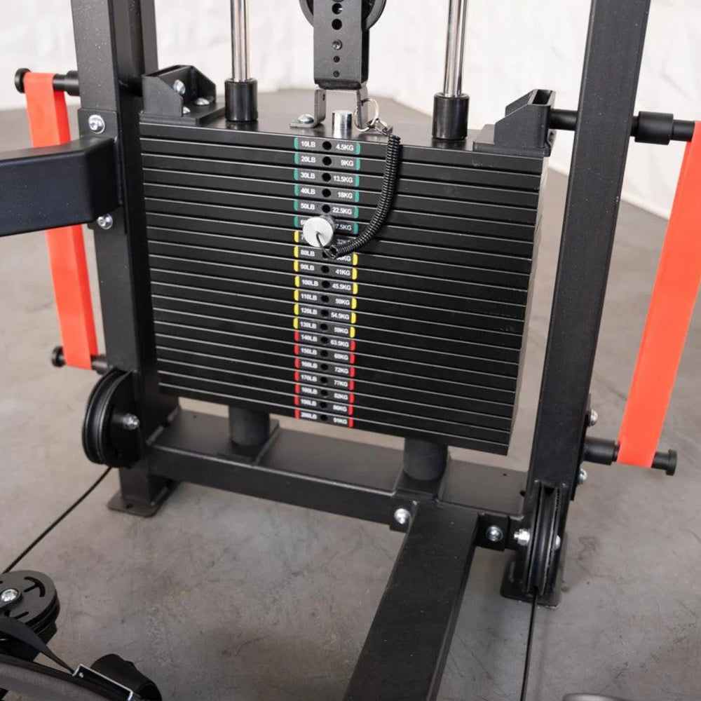 Gym weight stack with resistance levels for the Excel Selectorized Hip Thrust Glute