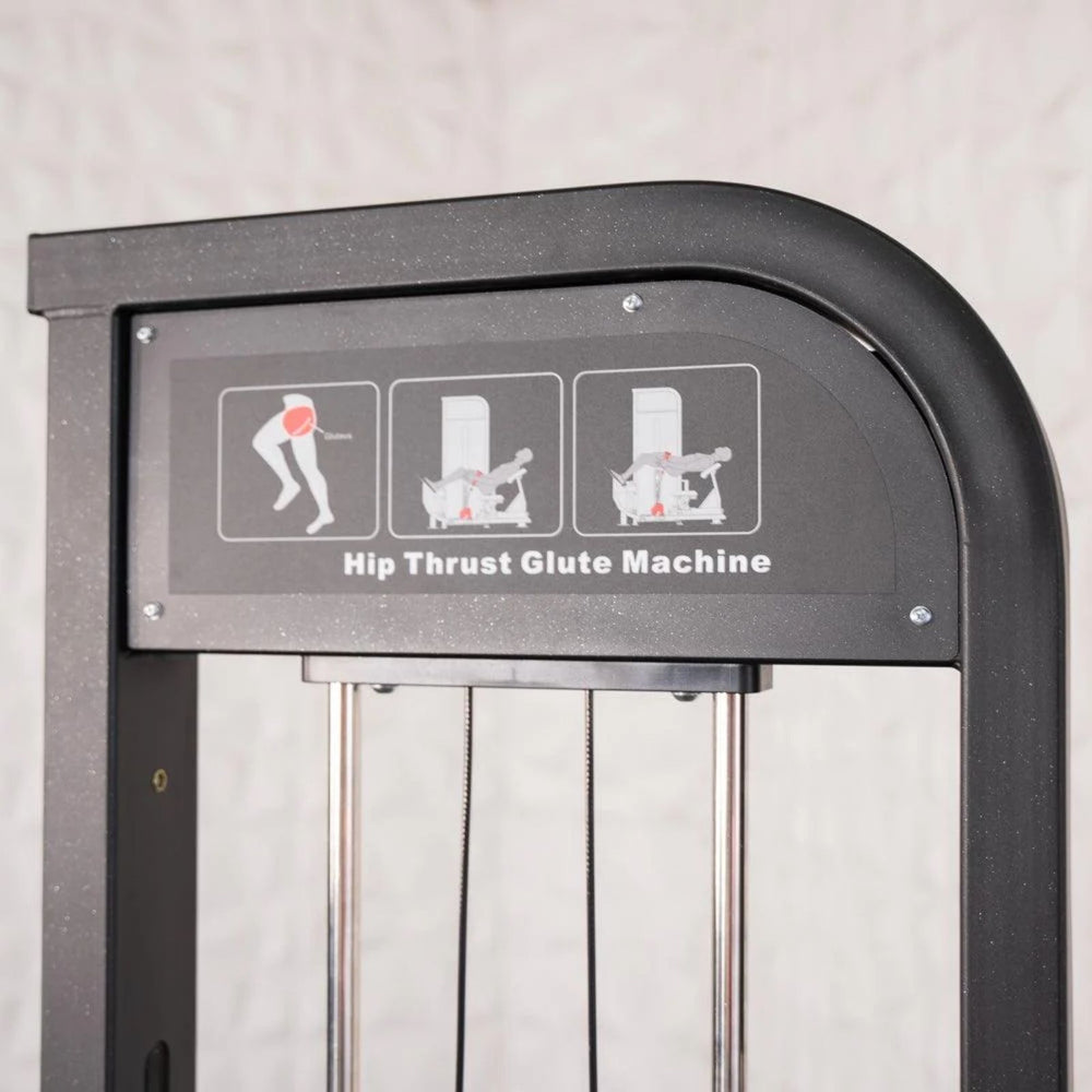 Label with 'Hip Thrust Glute Machine' and instructions how to do a glute bridge on a muscle d Excel Selectorized Hip Thrust Glute S-G-HTG