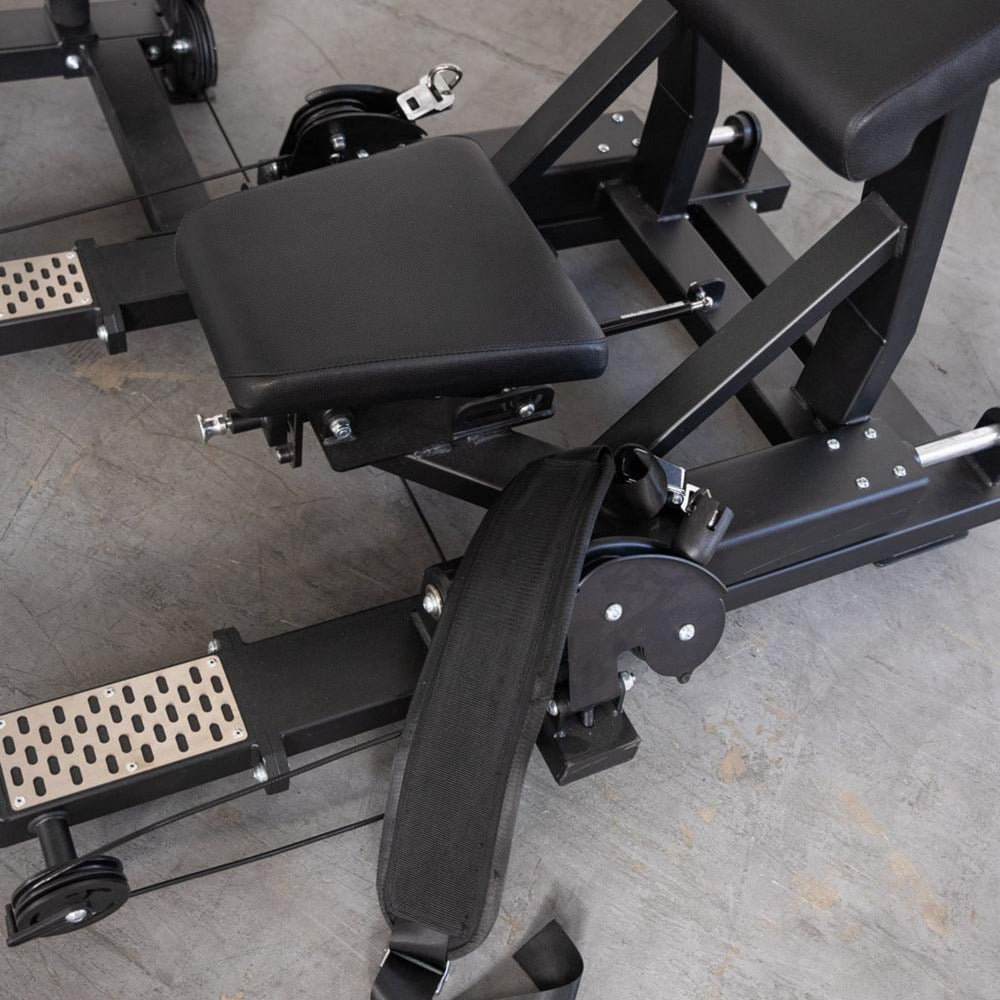 Padded seat on the bench of a Muscle D Excel Selectorized Hip Thrust Glute S-G-HTG
