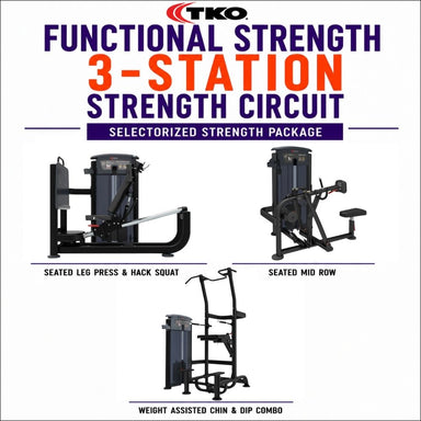 TKO Functional Strength 3-Station Strength Circuit, showing three black and dark gray exercise machines on a white background with large purple and orange text.