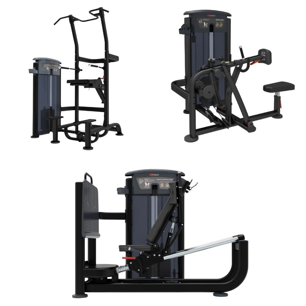 TKO weight assisted chin and dip combo,leg press and hack squat, and aseated mid row machine shown on a plain white background.