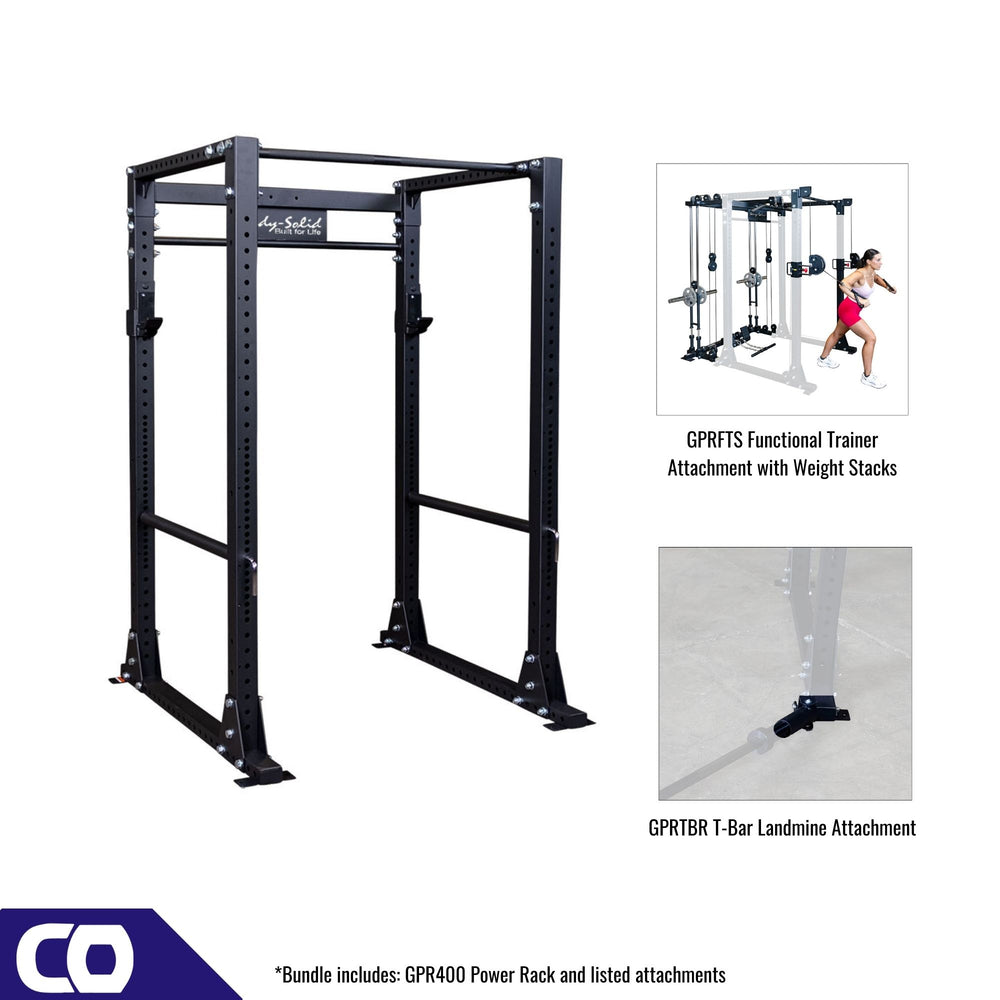 Black power rack with attachments and images of usage on a white background