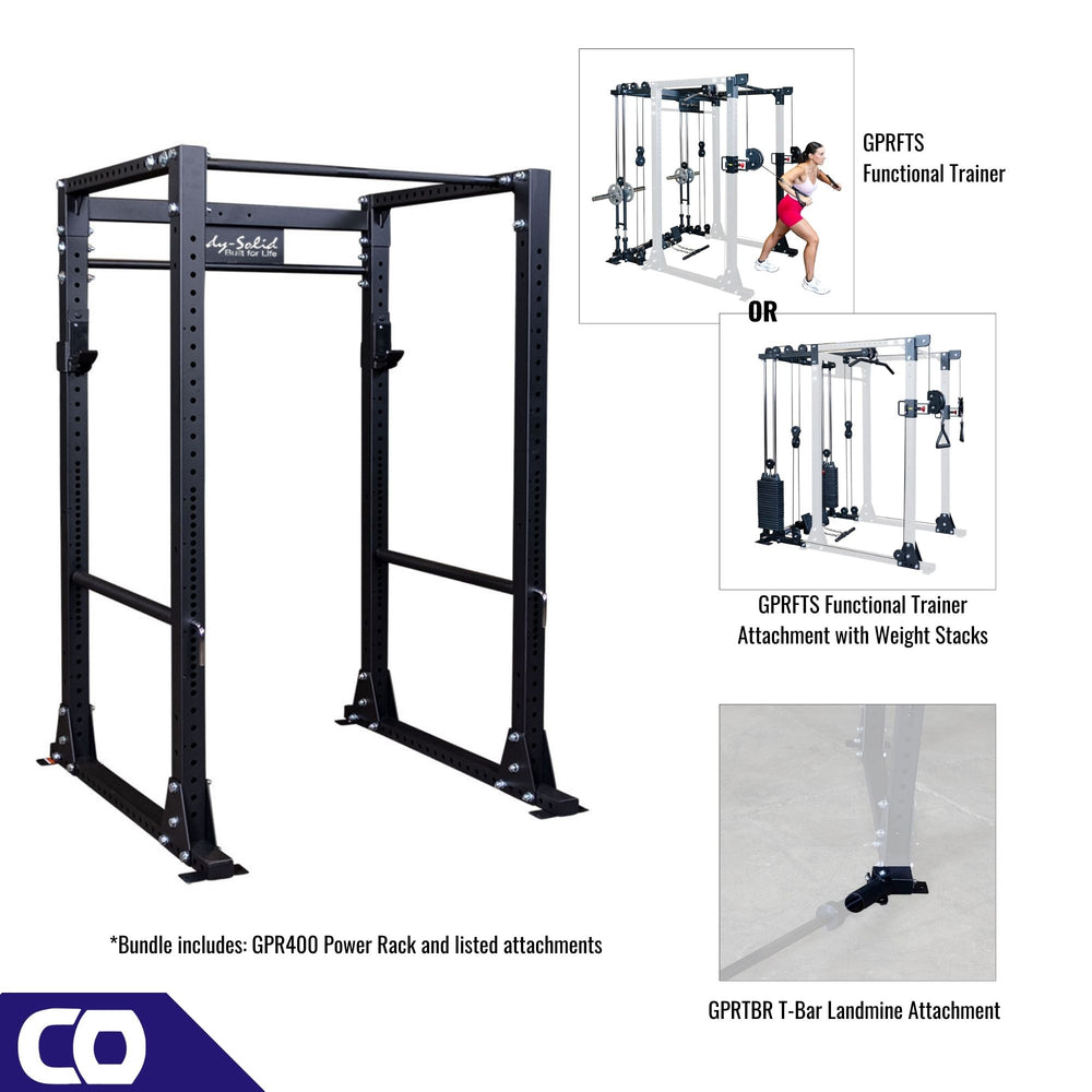 GPR400-Functional-Performance-System_displaying the power rack with functional trainer attachment and landmine attachment.