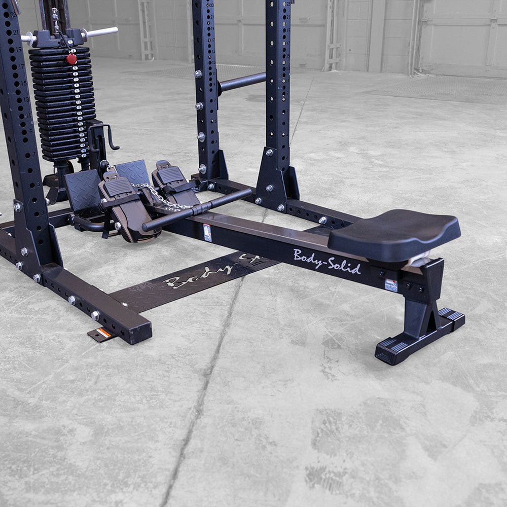 Body-Solid Rower installed and connected to a selectorized weight stack in a body-solid power rack