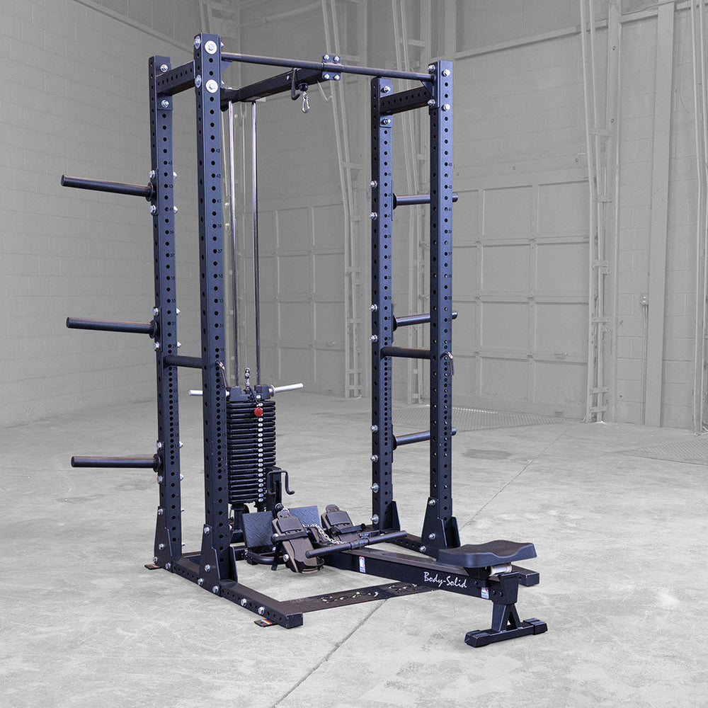 Body-Solid Rower Attachment for Home Gyms, Pulleys, Cable Machines installed into a half rack