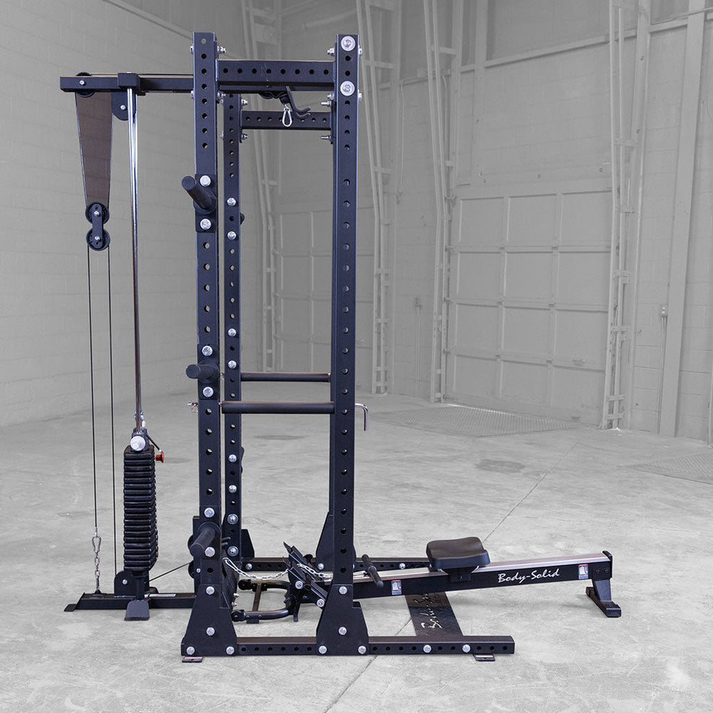 Body-Solid Rower Attachment in a side view installed into a power rack with lat pulldown attachment
