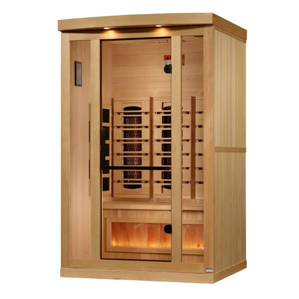 Golden Designs 2-Person Full Spectrum PureTech™ Near Zero EMF FAR Infrared Sauna with Himalayan Salt Bar GDI-8020-03	Front Right View
