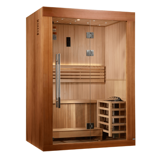 Golden Designs 2025 Updated "Sundsvall Edition" 2 Person Traditional Sauna GDI-7289-02	Front Left View 
