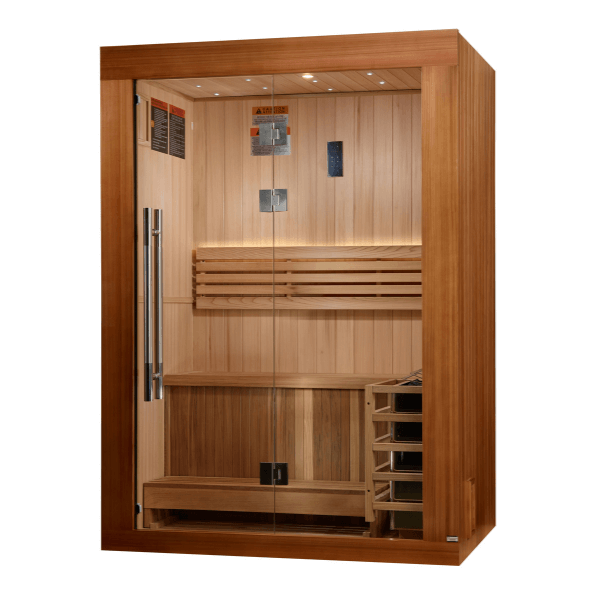 Golden Designs 2025 Updated "Sundsvall Edition" 2 Person Traditional Sauna GDI-7289-02	Front Right View 
