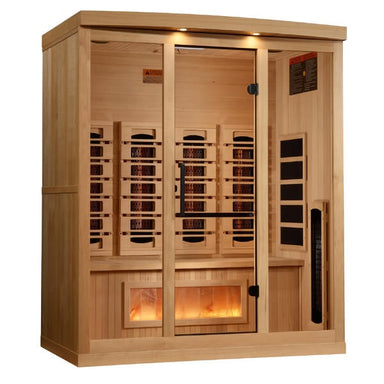 Golden Designs 4-Person Full Spectrum PureTech™ Near Zero EMF FAR Infrared Sauna with Himalayan Salt Bar GDI-8040-03	Front Left View
