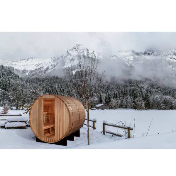 Golden Designs "Arosa" 4 Person Barrel Traditional Sauna GDI-B004-01	Front View Outdoor
