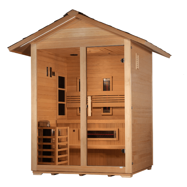 Golden Designs "Carinthia" 3 Person Hybrid PureTech™ Full Spectrum IR or Traditional Stove Outdoor Sauna GDI-8123-01	Front Right View
