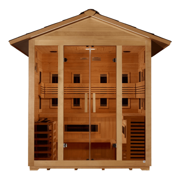 Golden Designs "Gargellen" 5 Person Hybrid PureTech™ Full Spectrum IR or Traditional Stove Outdoor Sauna GDI-8125-01	Front View 
