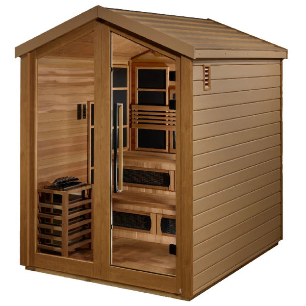 Golden Designs Kaskinen 6 Person Hybrid PureTech™ Full Spectrum IR or Traditional Stove Outdoor Sauna GDI-8526-01	Front Right View
