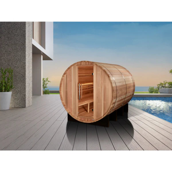 Golden Designs "Klosters" 6 Person Barrel Traditional Sauna GDI-B006-01	Front View Outdoor
