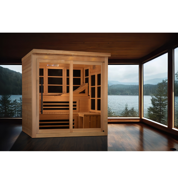 Golden Designs Monaco Limited Edition 6-person PureTech™ Near Zero EMF FAR Infrared Sauna GDI-6996-02 Front View Indoor