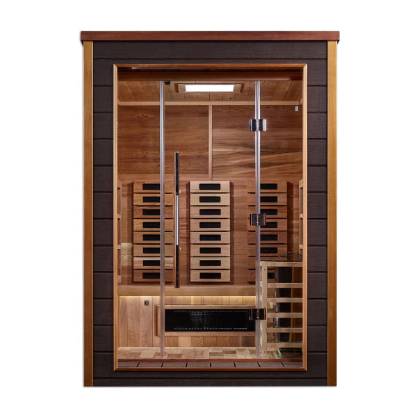 Golden Designs Nora 2 Person Hybrid PureTech™ Full Spectrum IR or Traditional Stove Outdoor Sauna GDI-8222-01	Front View 
