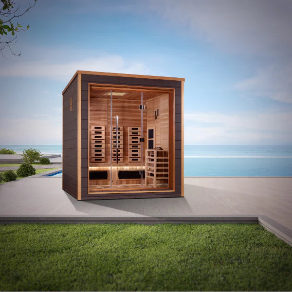 Golden Designs Visby 3 Person Hybrid PureTech™ Full Spectrum IR or Traditional Stove Outdoor Sauna GDI-8223-01	Front View Outdoor
3