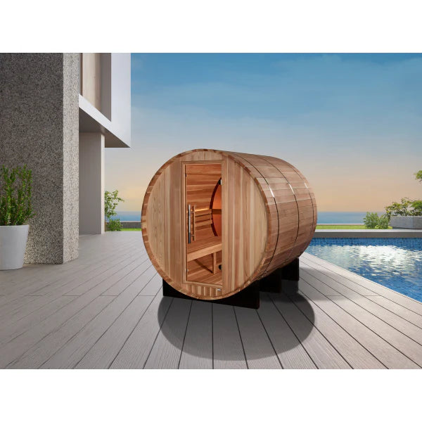 Golden Designs "Zurich" 4 Person Barrel with Bronze Privacy View - Traditional Sauna GDI-B024-01	Front View Outdoor 1
