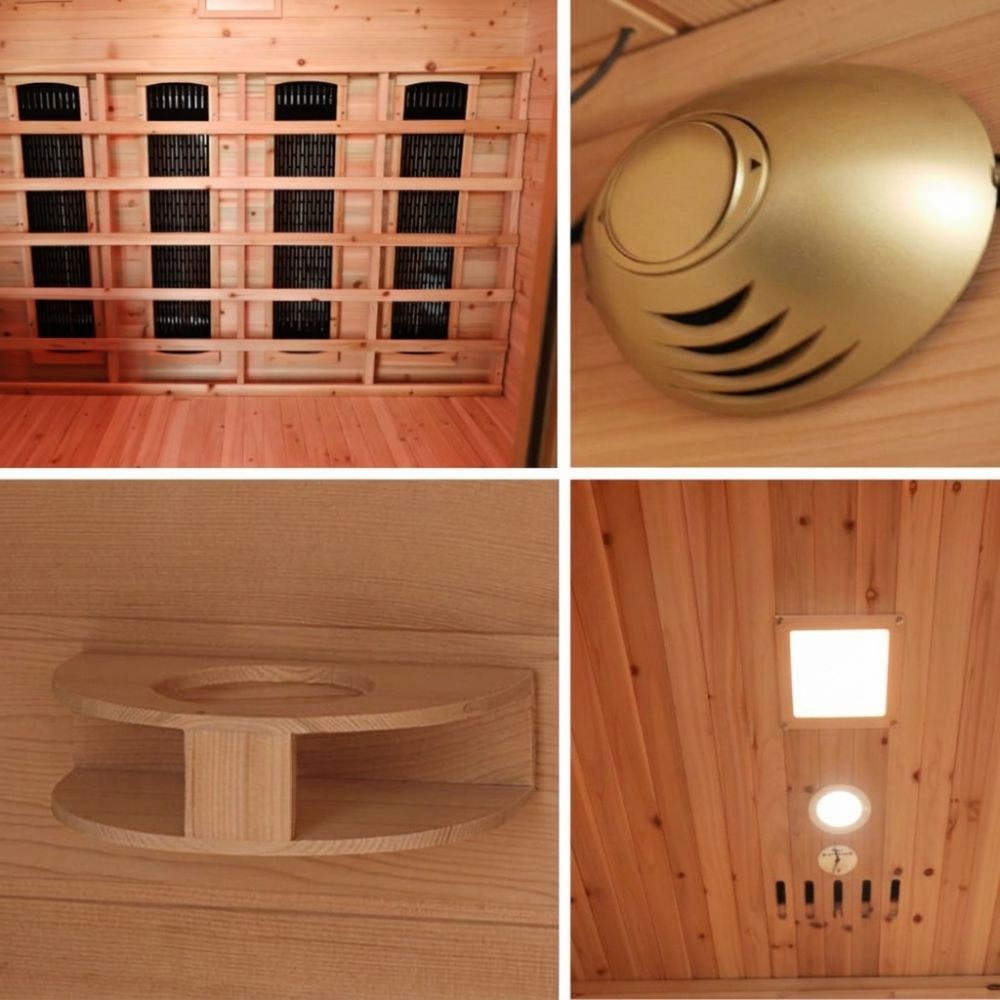 Collage of images showing interior details of a wooden sauna with shelves, ceiling light, and wall-mounted device. SunRay Grandby 300D
