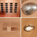 Collage of a wooden sauna interior with a ceiling light fixture and wooden paneling.