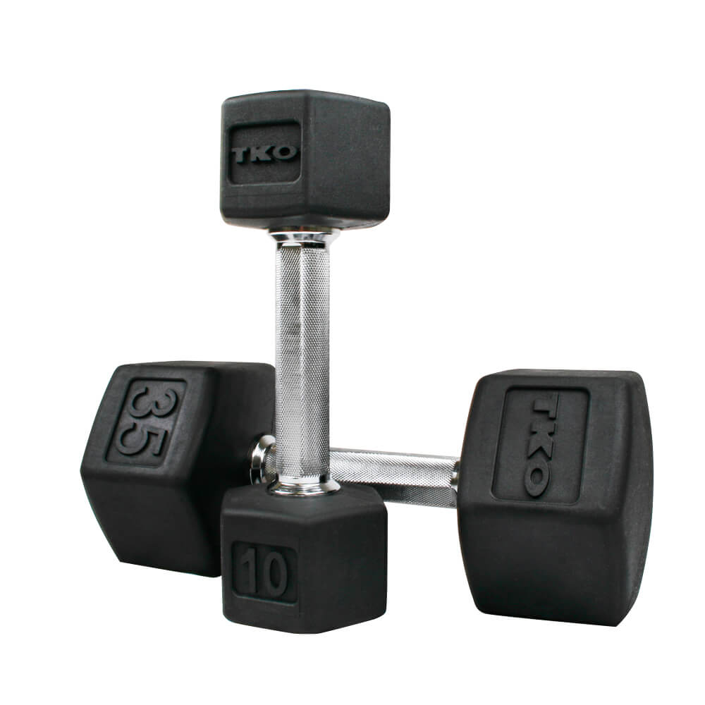 TKO 5-100lb Rubber Hex Tri-Grip Handle Dumbbells w/ 3 Tier Shelf Rack S891-TXR-E20