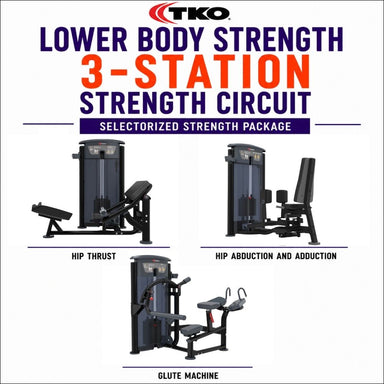 TKO brand Lower Body Strength 3-Station Strength Circuit package graphic showing three exercise machines: Hip Thrust, Hip Abduction and Adduction, and Glute Machine, on a white background with product title text at the top.