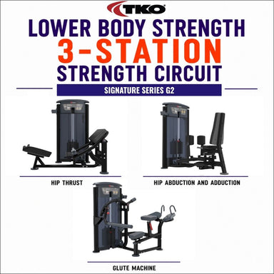 TKO Lower Body Strength 3-Station Strength Circuit, featuring three pieces of signature series G2 gym equipment: a Hip Thrust machine, a Hip Abduction and Adduction machine, and a Glute Machine, on a white background with product names and model text.